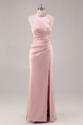 Blush Langes Hochgeschlossenes Brautjungfernkleid aus Satin mit Rüschen und Schlitz